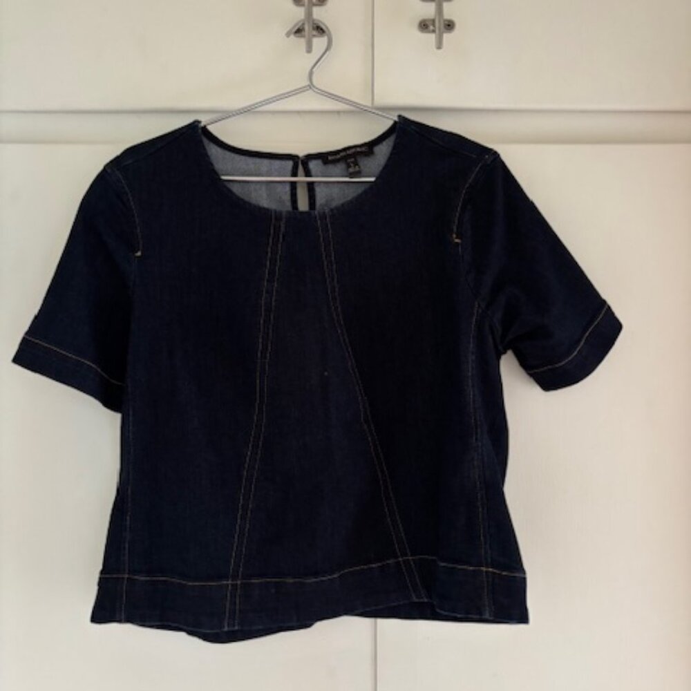 Banana Republic Dark Denim Shirt Petite S/M Contrast Stitching Short Sleeve